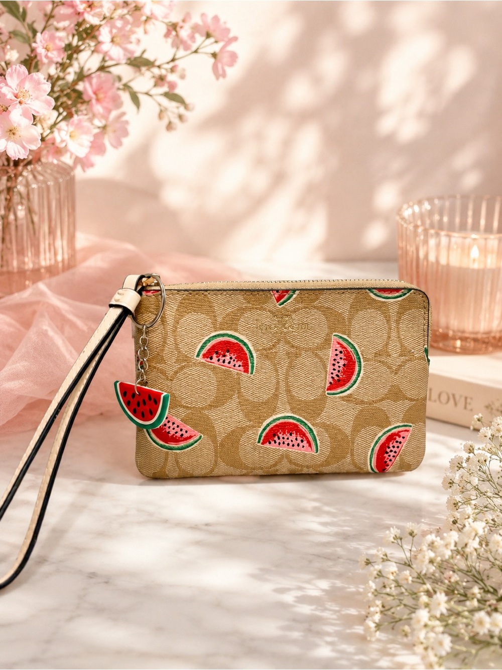 🍉Coach Corner Zip Wristlet in Signature Canvas w/Watermelon Print🍉 ~ EUC